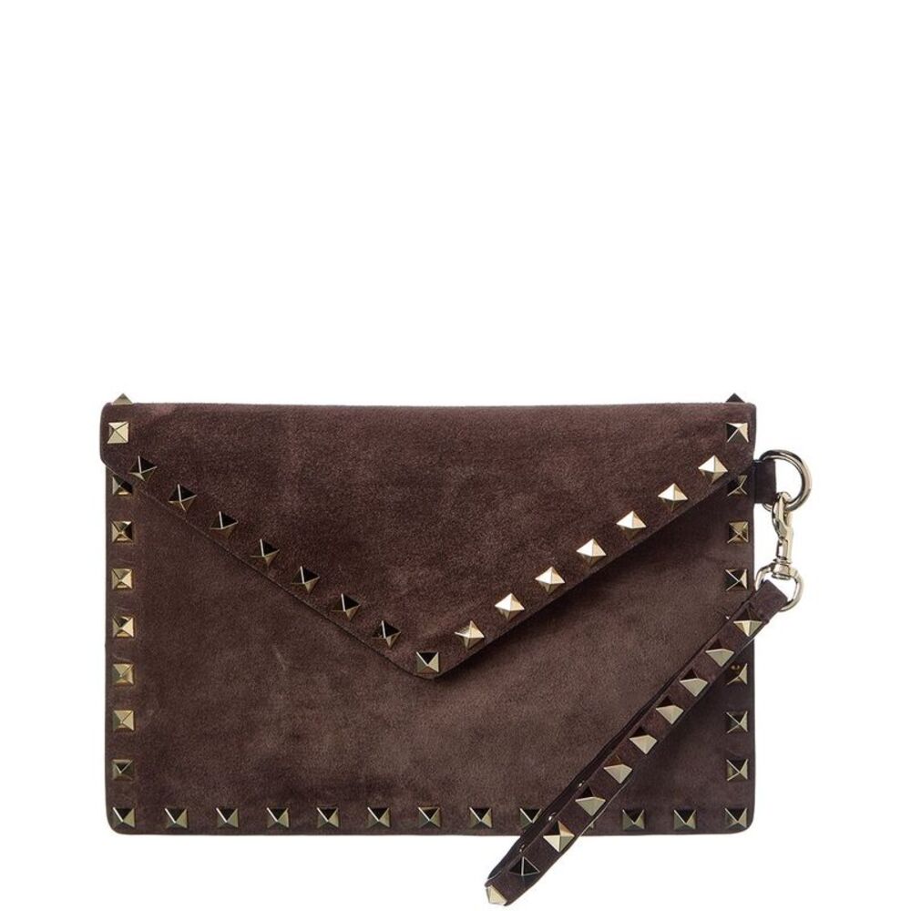 Valentino Rockstud Suede Clutch, Brown